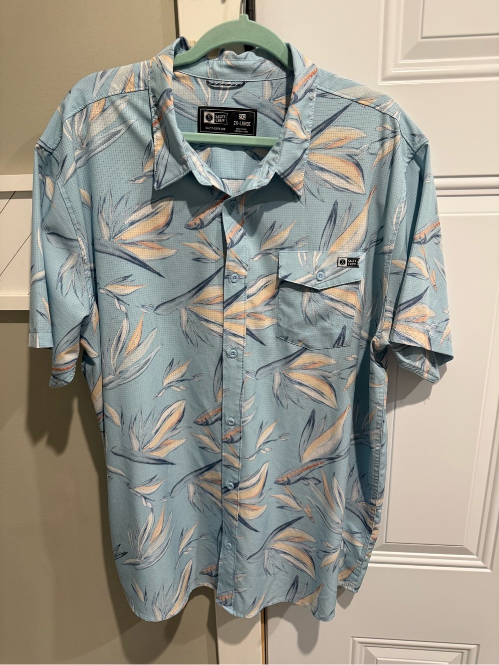 Safety Crew  Men’s Short Sleeve Button-Up Shirt - Light Blue Tropical Print